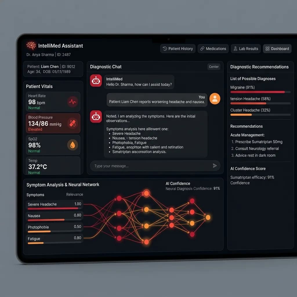 Screenshot of IntelliMed Assistant - AI custom project developed by NexCore Solutions